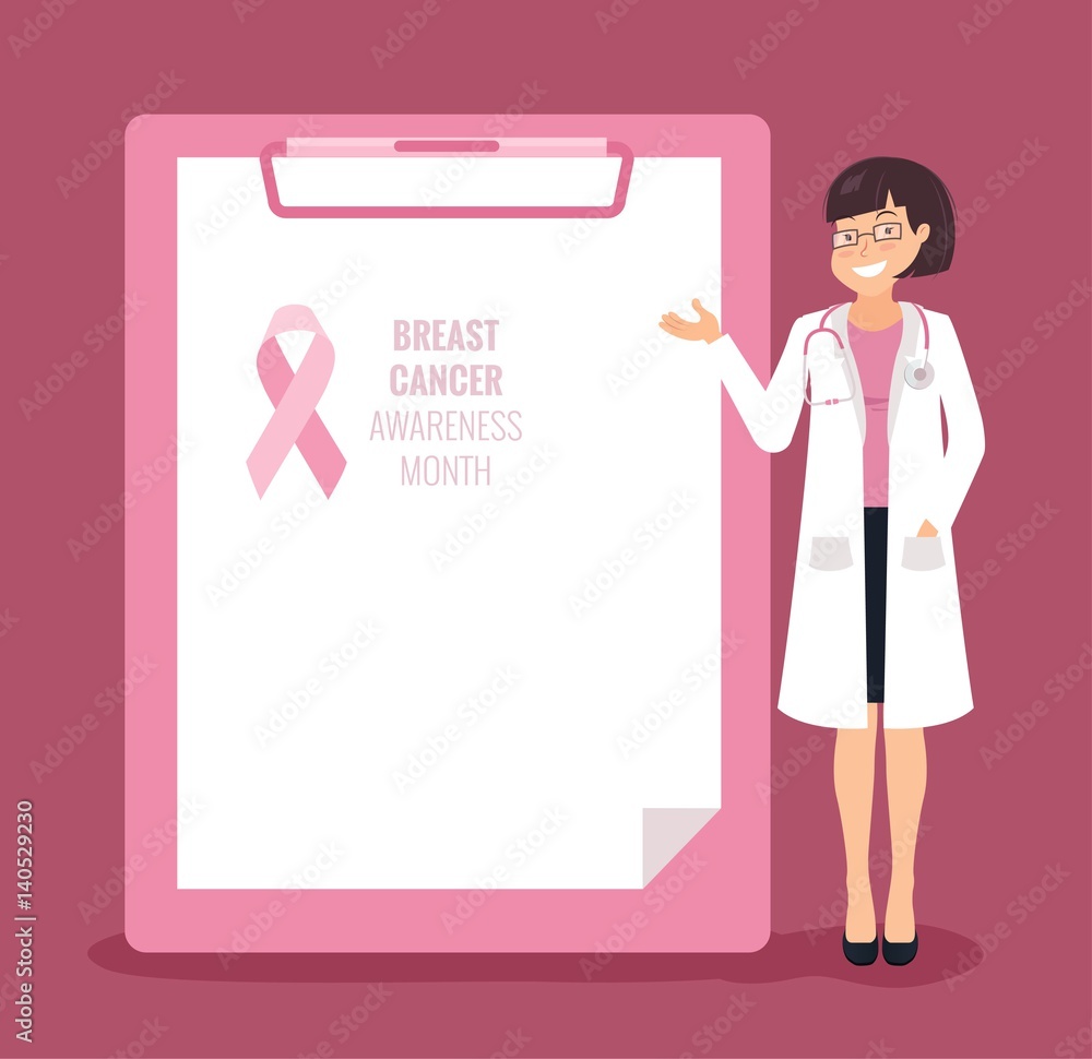 Healthcare, medicine and breast cancer concept.Full length of doctor pointing at empty medical clipboard. Vector illustration Healthcare, medicine and breast cancer concept.Full length of doctor pointing at empty medical clipboard. Vector illustration