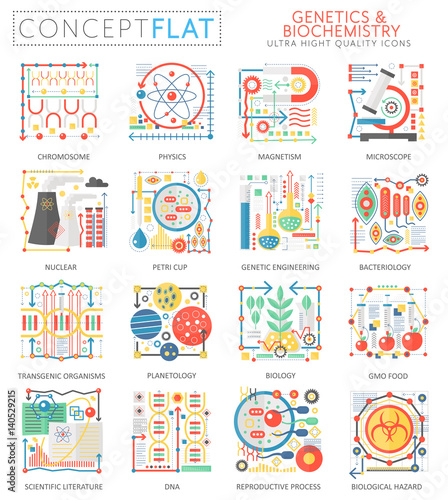 Infographics mini concept Genetics biochemistry icons for web. Premium quality color conceptual flat design web graphics icons elements. Genetics biochemistry technology concepts.