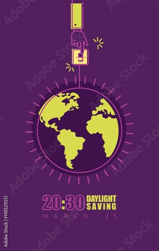 Earth hour poster with hand turning off the light and planet. Vector illustration