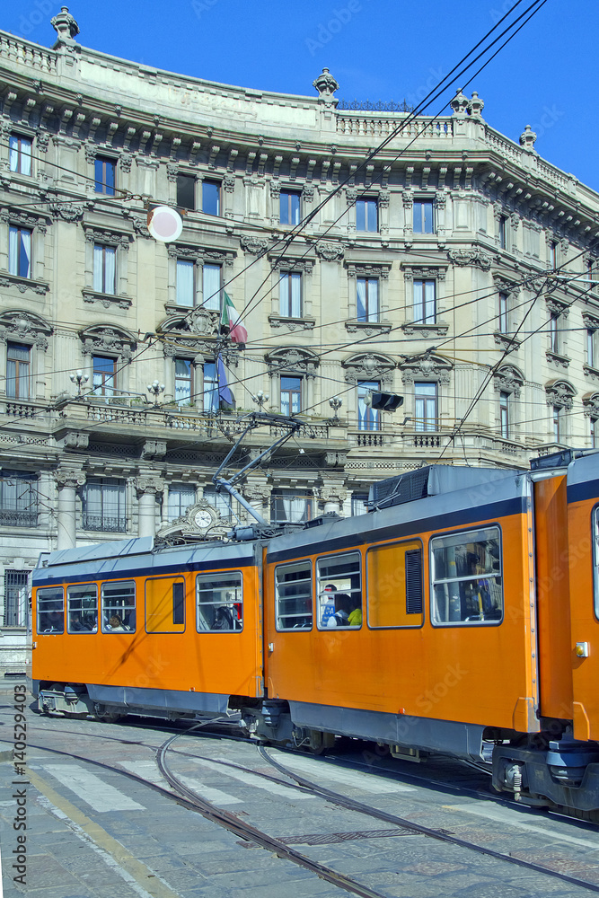 tram  arancione in piazza cordusio a milano lombardia italia europa 