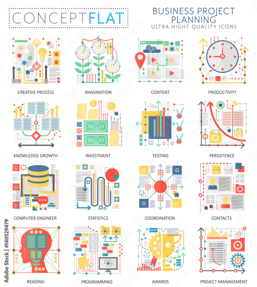 Infographics mini concept business finance planning icons and digital marketing for web. Premium quality color conceptual flat design web graphics icons. Business finance project concepts.