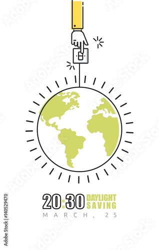Earth hour poster with hand turning off the light and planet. Vector illustration