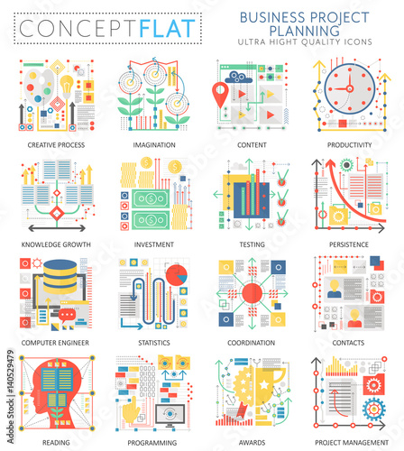 Infographics mini concept business finance planning icons and digital marketing for web. Premium quality color conceptual flat design web graphics icons. Business finance project concepts.