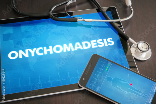 Onychomadesis (cutaneous disease) diagnosis medical concept on tablet screen with stethoscope photo
