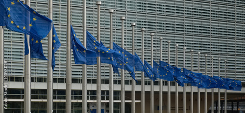 Картината върху платно Flags of the European Comission building hanging half mast after the terror attack in Nice, Sunday 17 July 2016, Brussels, Belgium