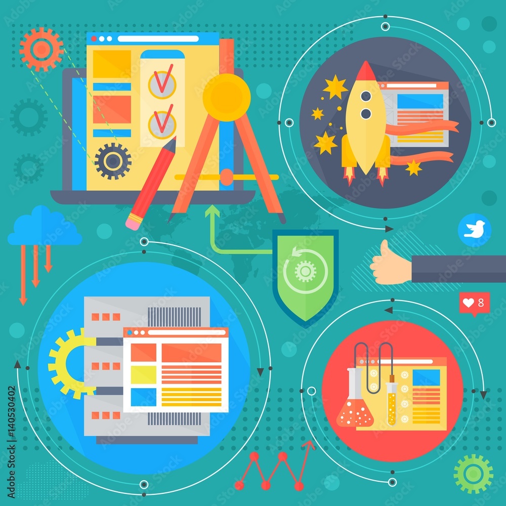 Obraz premium SEO and development concept design infographics template icons in circles design, seo optimization web elements, poster banner vector illustration.