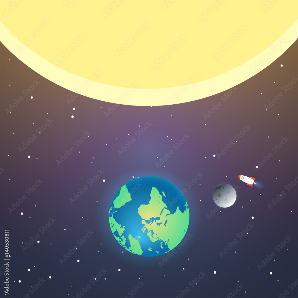 Rocket and the space. Rocket flying in space near the earth, sun and moon. Concept. Start up, business and promotion for success. Rocket and the space. Rocket flying in space near the earth, sun and moon. Concept. Start up, business and promotion for success.