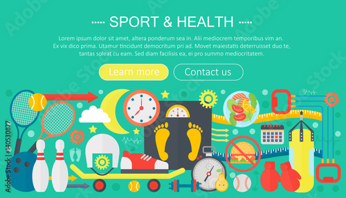Healthy lifestyle concept with food and sport icons. Sport and fitness flat concept infographics template header design. Active life Vector illustration.