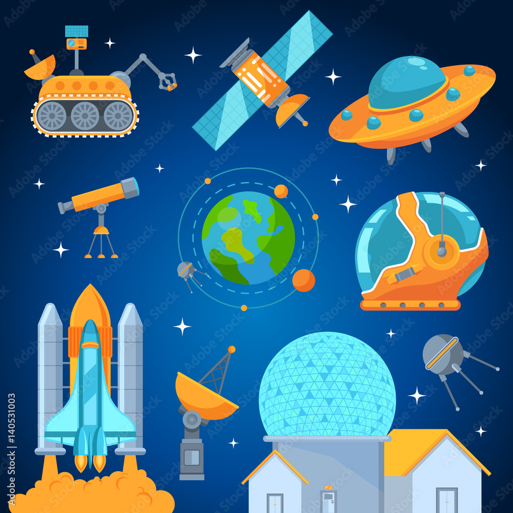 Naklejka premium Space icons set flat style vector