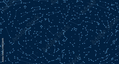 Vector. Seamless pattern for decoration, design. Astronomy different constellations on a blue background. Zodiac sign of the bright stars. Glowing lines and points. Star chart, map. Deep space