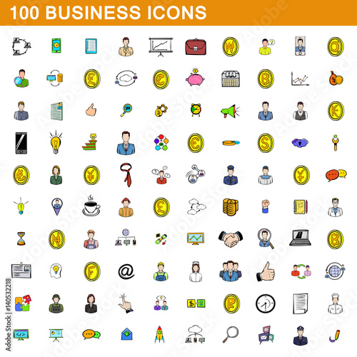 100 business icons set, cartoon style