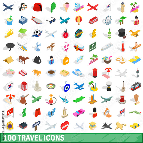 100 travel icons set, isometric 3d style