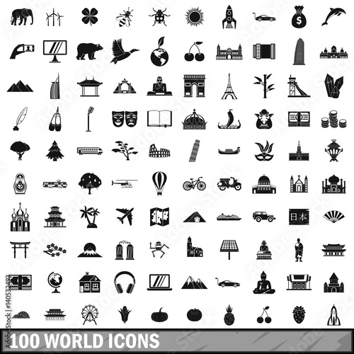 100 world icons set, simple style 