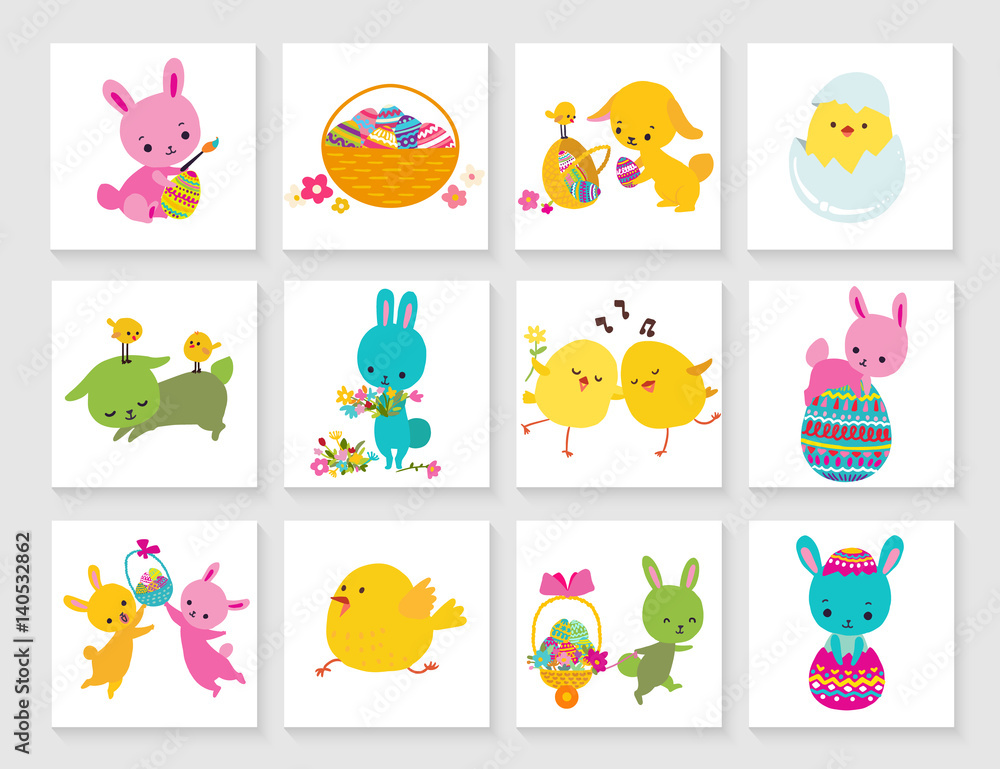 Set of vector easter greeting card for kids with bunny chick egg