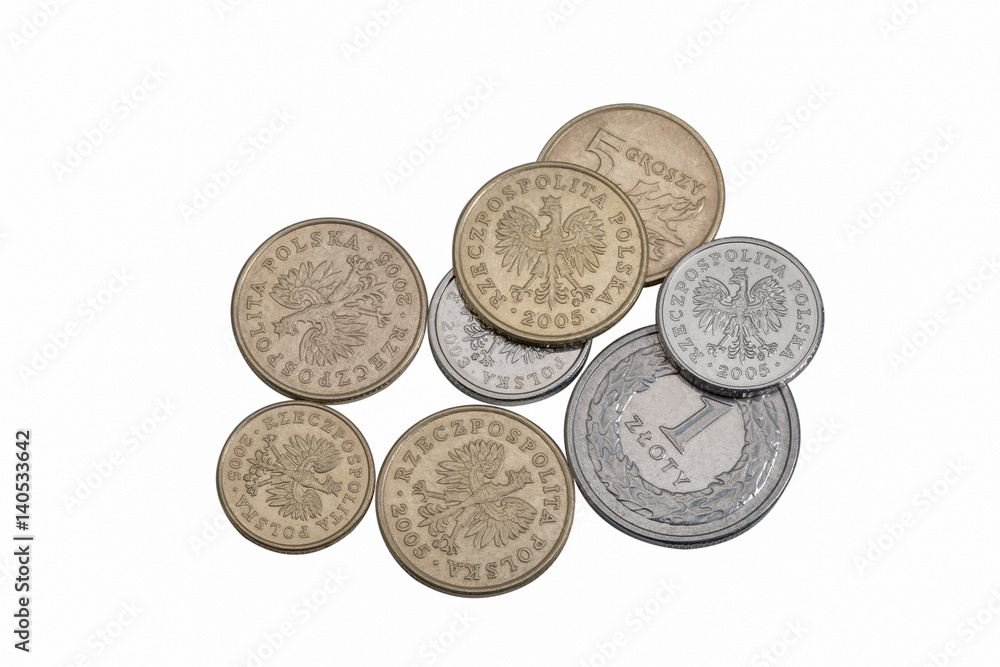Polish zloty coins money isolated on white, closeup Polish zloty coins money isolated on white, closeup