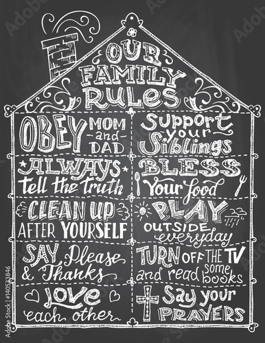 Our family rules. Chalkboard wall sign. Hand-lettering with sketches on blackboard background with chalk. Decorative typography