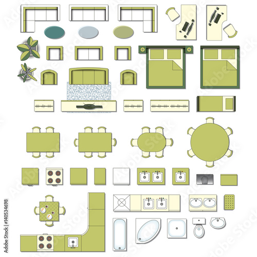 Set top view for interior icon 
design. Elements for living room, 
bedroom, kitchen, bathroom. Floor 
plan. Furniture store. Vector 
Illustration.
