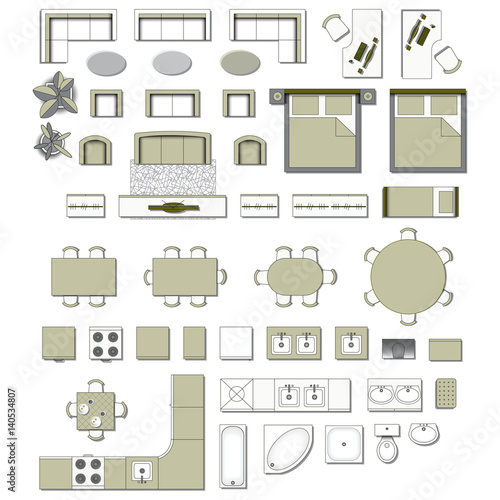 Set top view for interior icon 
design. Elements for living room, 
bedroom, kitchen, bathroom. Floor 
plan. Furniture store. Vector 
Illustration.
