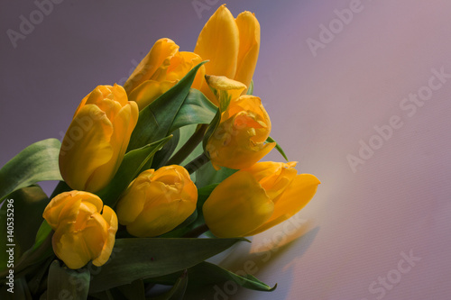 Romantic spring bouquet of beautiful decorative yellow tulips