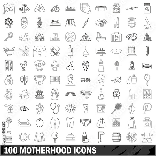 100 motherhood icons set  outline style