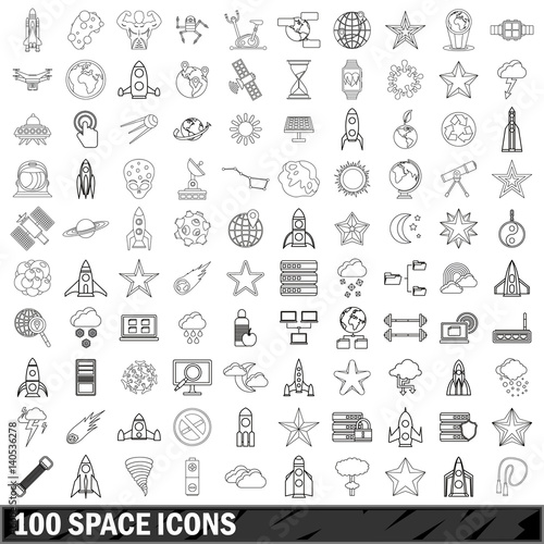 100 space icons set, outline style