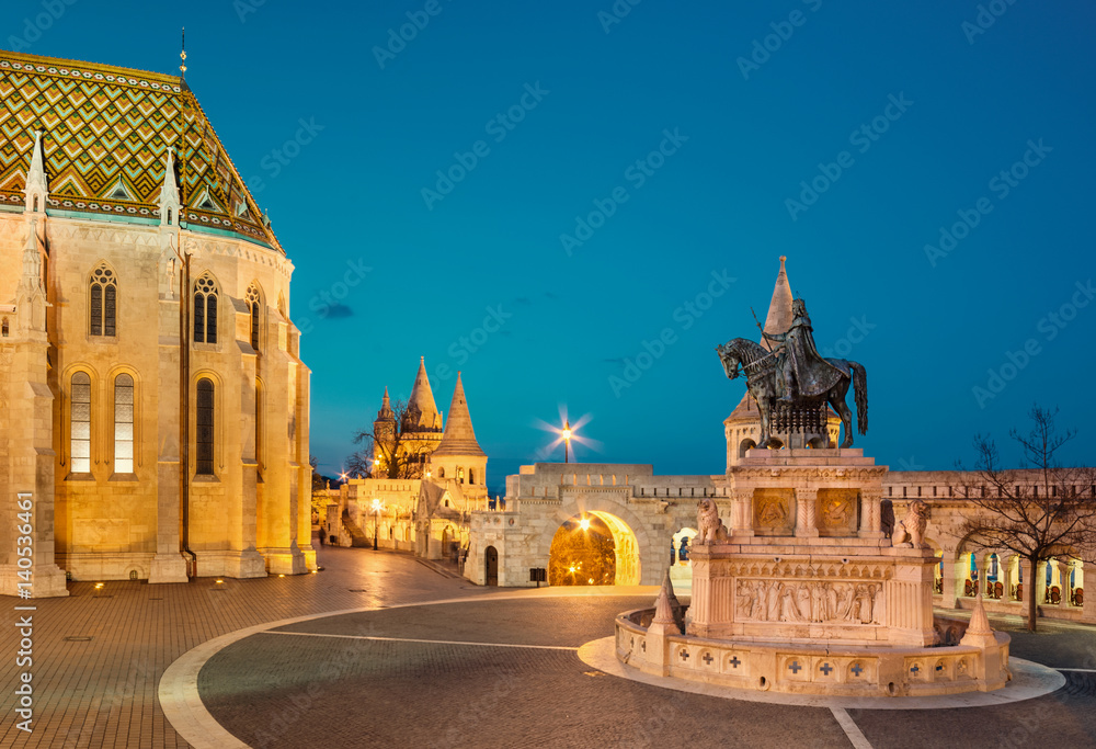 Fishermans Bastion in Budapest, Hungary at night