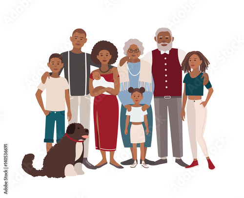 Happy large black family portrait. Father, mother, grandmother, grandfather, sons, daughters and dog together. Vector illustration of a flat design.