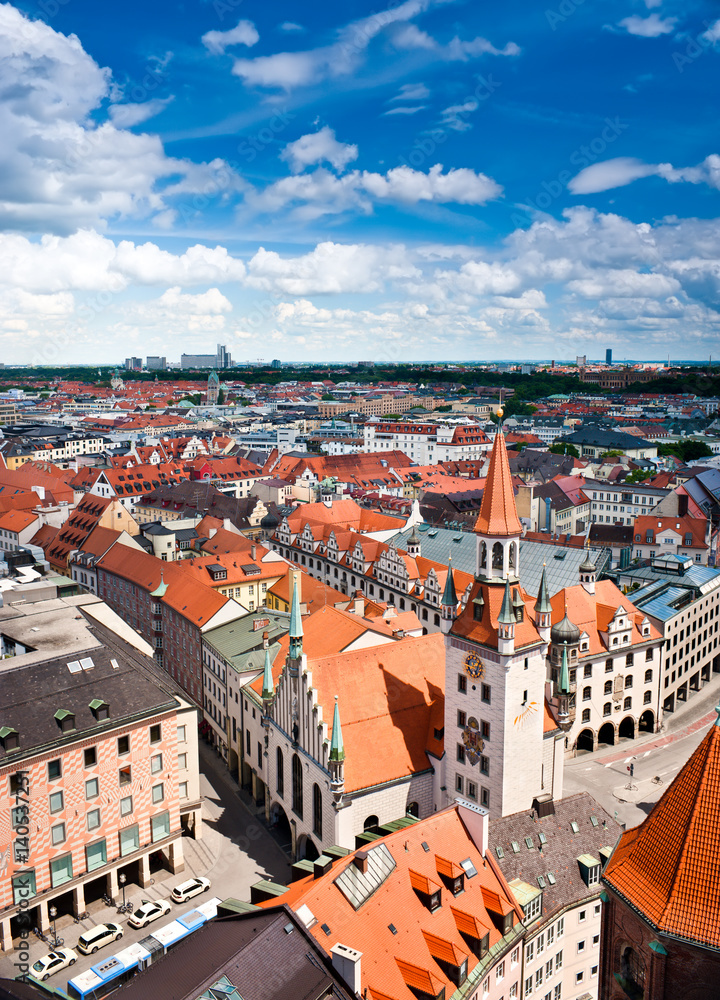 Old Town Hall and rooftops of Munich from St. Peters church bell tower