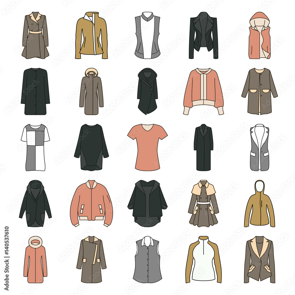 Women's clothes jacket, overcoat, down-padded coat, vest, sweatshirt, suit jacket, bomber flat icon set Women's clothes jacket, overcoat, down-padded coat, vest, sweatshirt, suit jacket, bomber flat icon set