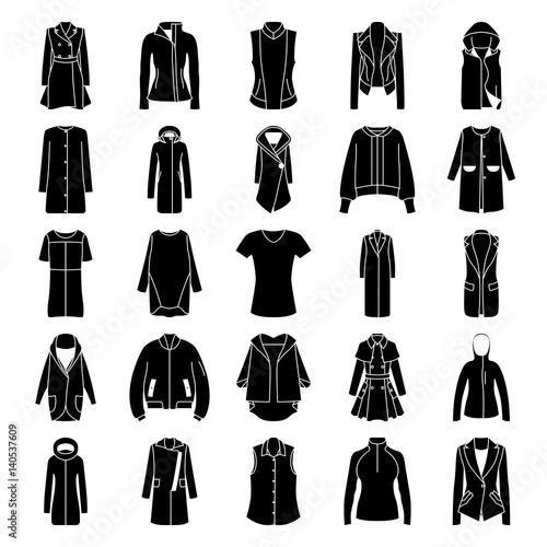 Women's clothes jacket, overcoat, down-padded coat, vest, sweatshirt, suit jacket, bomber silhouette icon set