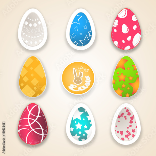 Vector set of Easter eggs different colors and pattern cut from paper on the gradient background and shadows.