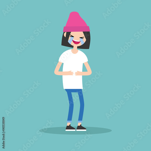 laughing out loud brunette girl / flat vector editable illustration