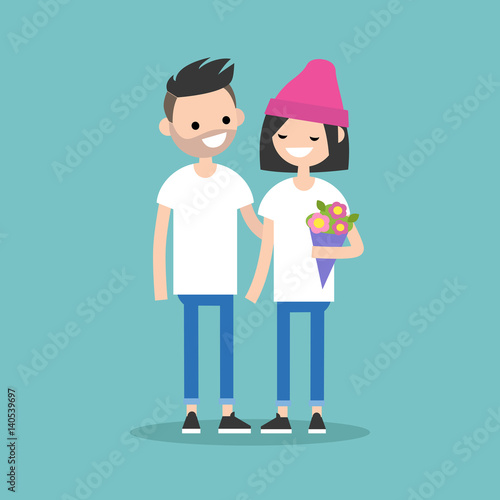 Saint Valentines Day. First date concept. Bearded boy giving flowers to a girl and gently hugging her / flat editable vector illustration