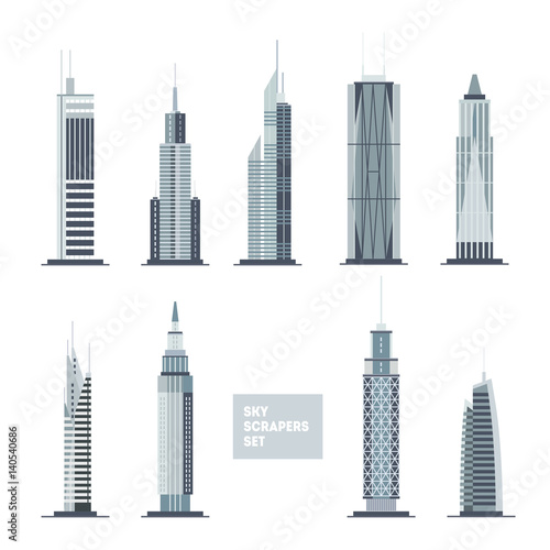 Skyscrapers set. City design elements. Flat architecture collection.