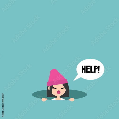 Young girl calling for help in the pit / editable flat vector illustration, clip art