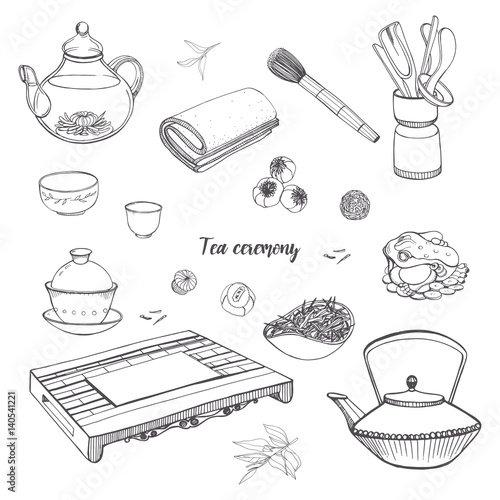 Set tea ceremony with various traditional tools. Teapot, bowls, gaiwan. Contour hand drawn illustration.