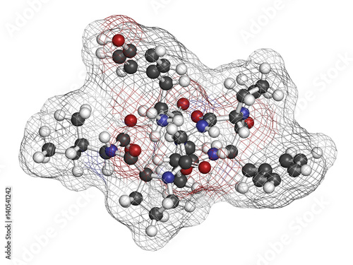 Beta-casomorphin peptide 7 molecule. Breakdown product of casein that may play a role in human diseases. 3D rendering. Atoms are represented as spheres. photo