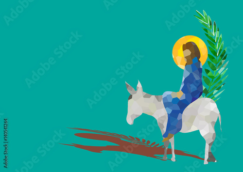 Palm Sunday - The Triumphal Entry of Jesus into Jerusalem on a donkey with palm leaves. Modern abstract artistic digital illustration