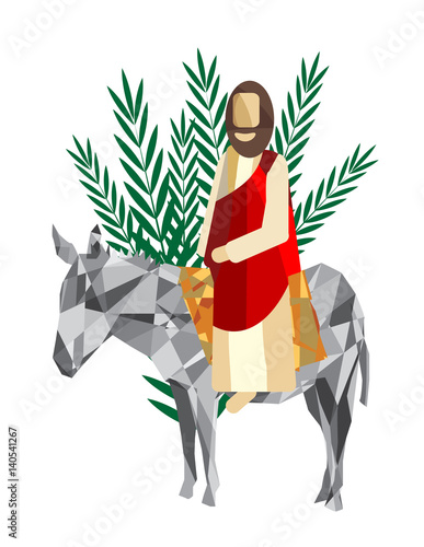 Palm Sunday - The Triumphal Entry of Jesus into Jerusalem on a donkey with palm leaves. Modern abstract artistic digital illustration