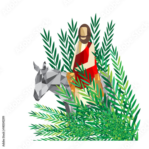 Palm Sunday - The Triumphal Entry of Jesus into Jerusalem on a donkey with palm leaves. Modern abstract artistic digital illustration