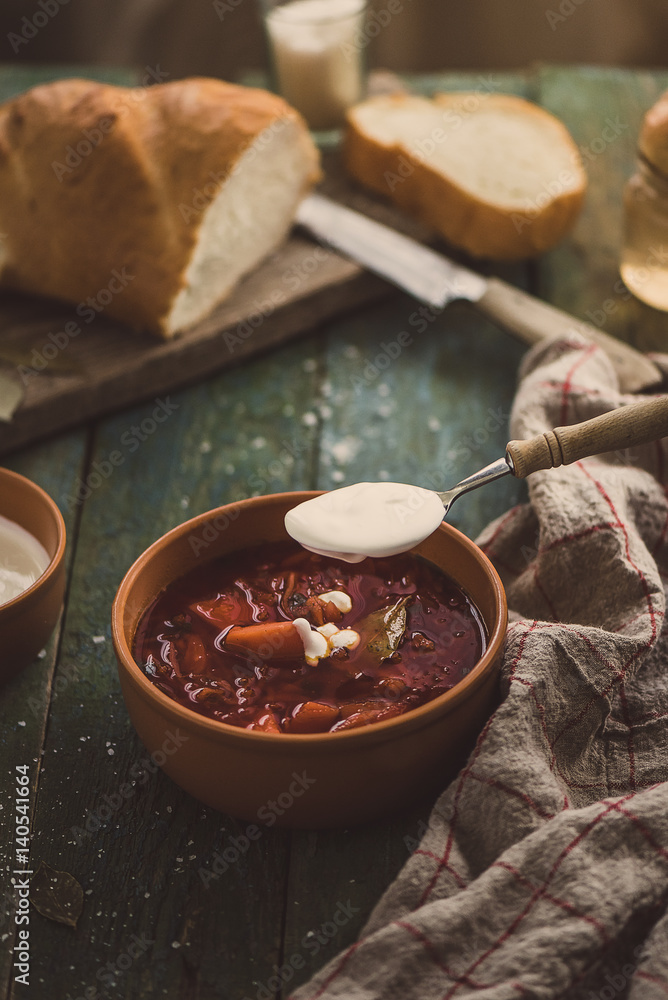 Ukrainian borsch with sour cream and bread Ukrainian borsch with sour cream and bread