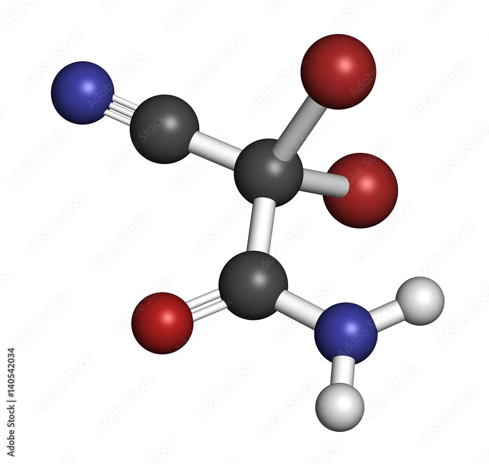 2,2-dibromo-3-nitrilopropionamide (DBNPA) biocide molecule. 3D rendering. Atoms are represented as spheres with conventional color coding. 2,2-dibromo-3-nitrilopropionamide (DBNPA) biocide molecule. 3D rendering. Atoms are represented as spheres with conventional color coding.