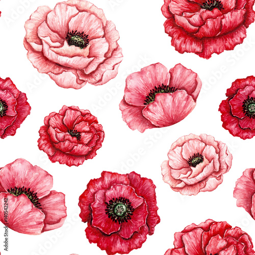 Seamless Pattern of Watercolor Red and Pink Poppies © Nebula Cordata