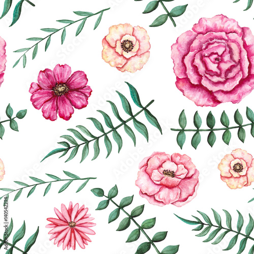 Seamless Pattern of Watercolor Green Leaves and Pink Flowers