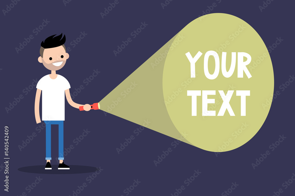 Young bearded man holding a flashlight. Your text here / Flat editable vector illustration, clip art Young bearded man holding a flashlight. Your text here / Flat editable vector illustration, clip art