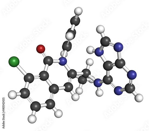 Duvelisib cancer drug molecule (phosphoinositide 3-kinase inhibitor). 3D rendering. Atoms are represented as spheres with conventional color coding.