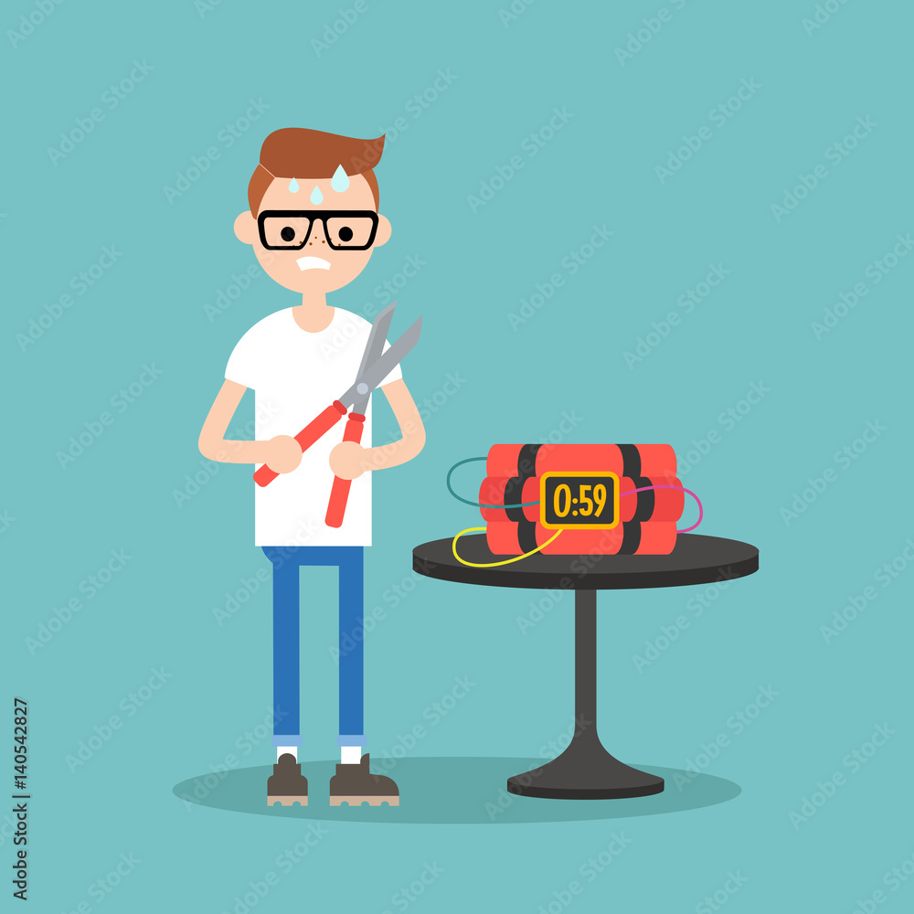 Young anxious nerd trying to defuse the bomb / flat editable vector illustration, clip art Young anxious nerd trying to defuse the bomb / flat editable vector illustration, clip art