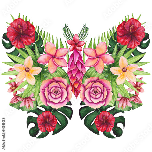 Butterfly and Watercolor Flowers and Palm Leaves