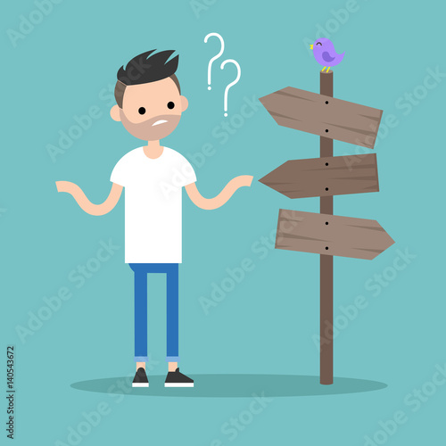 Young concerned bearded man trying to find the right direction / editable flat vector illustration, clip art