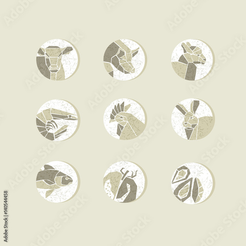 Vintage style food icon vector illustration. Meat vegetable and seafood pictograms for restaurant menu.